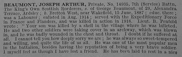 Beaumont J A Pte 14935 7th Kings Own Scottish Borderers Obit Part 1 De Ruvignys Roll Of Honour Vol 4