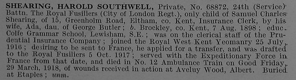 Shearing H S Pte 68872 24th Royal Fusiliers Obit De Ruvignys Roll Of Honour Vol 4