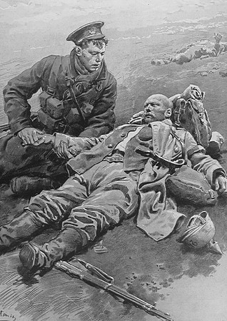 A British Soldier Comforting A Dying French Soldier On The Battlefield