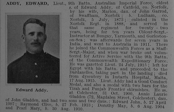 Addy E Lt 9th Australian Infantry, A.I.F. Obit De Ruvignys Roll Of Honour Vol 1