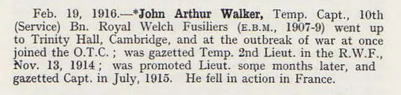 Walker J A Captain 10th Royal Welsh Fusiliers Obituary Shrewsbury School Roll Of Service 1914-1918 1921
