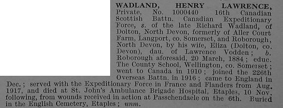 Wadland H L Pte 1000440 16th Canadian Infantry (Manitoba Regiment) Obit De Ruvignys Roll Of Honour Vol 4
