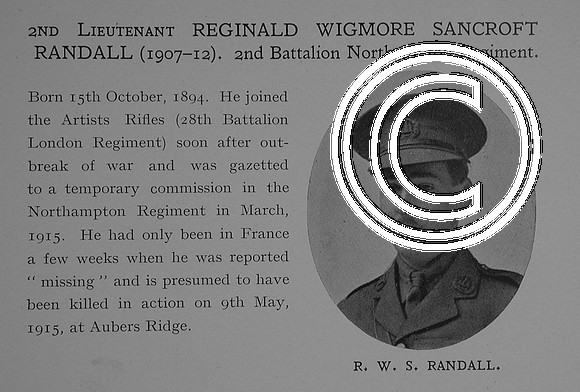 Randall R W S 2nd Lt 2nd Northamptonshire Regiment Obit Dulwich College Roll Of Honour