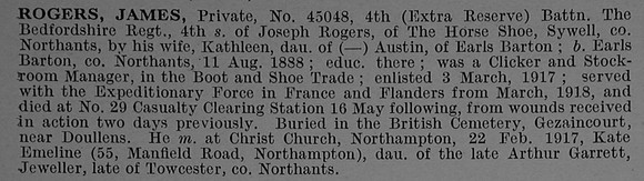 Rogers J Pte 45048 4th Bedfordshire Regiment Obit De Ruvignys Roll Of Honour Vol 4