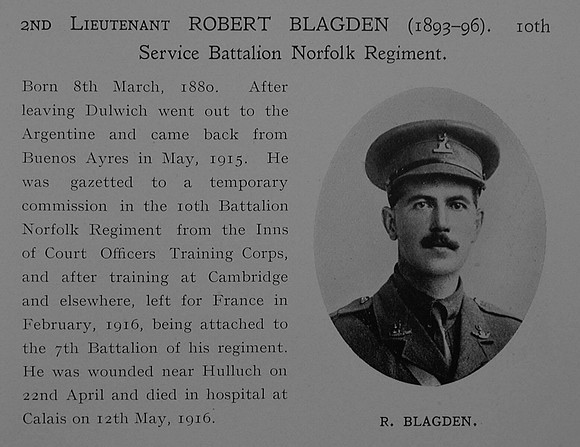 Blagden R 2nd Lt 10th Norfolk Regiment Obit Dulwich College Roll Of Honour