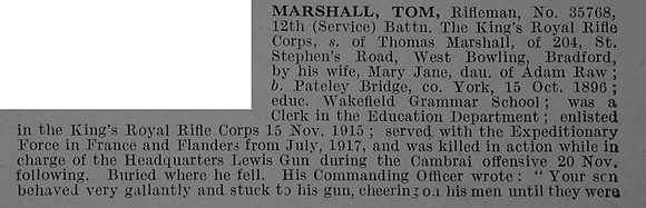 Marshall T Rfn 35768 12th Kings Royal Rifle Corps Obit Part 1 De Ruvignys Roll Of Honour Vol 4