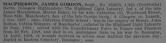 MacPherson J G Sergt 332670 9th Highland Light Infantry Obit De Ruvignys Roll Of Honour Vol 4