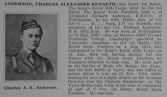 Anderson C A K 2nd Lt 1st Kings Royal Rifle Corps Obit