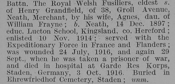 Grandsfield W H Pte 13th Royal Welsh Fusiliers Obit Part 2 De Ruvignys Roll Of Honour Vol 3