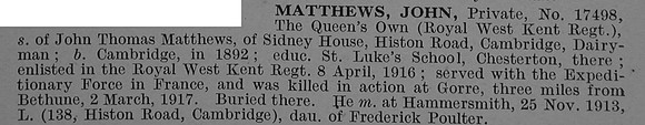 Matthews J Pte 17498 1st Queen's Own (Royal West Kent Regiment) Short Obit De Ruvignys Roll Of Honour Vol 4