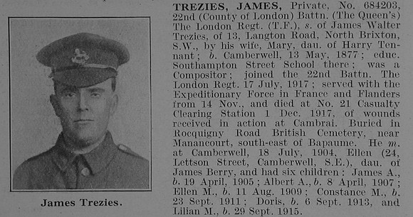 Trezies J Pte 6842 22nd London Regiment Obit De Ruvignys Roll Of Honour Vol 3