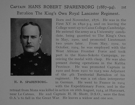 Sparenborg H G Captain 1st Kings Own Royal Lancaster Regiment Obit Dulwich College Roll Of Honour