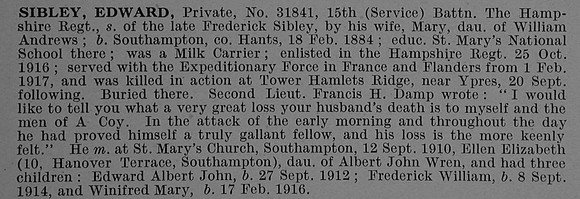 Sibley E Pte 31841 15th Hampshire Regiment Obit De Ruvignys Roll Of Honour Vol 4