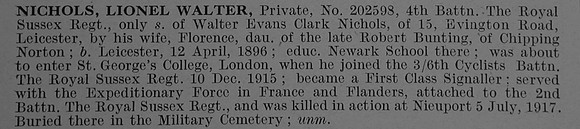 Nichols L W Pte 202598 4th Royal Sussex Regiment Obit De Ruvignys Roll Of Honour Vol 4