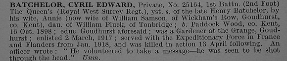 Batchelor C E Pte 25164 1st Queens Royal West Surrey Regiment Obit De Ruvignys Roll Of Honour Vol 4