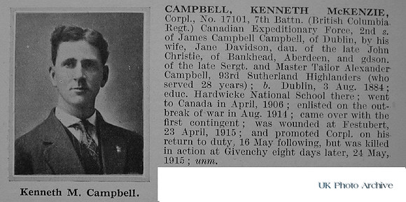 Campbell K M Cpl 17101 7th Canadian Infantry Obituary De Ruvignys Roll Of Honour Vol 1