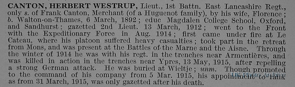 Canton H W Lt 1st East Lancs Regiment Obituary De Ruvignys Roll Of Honour Vol 1