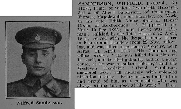 Sanderson W L/Cpl 11087 10th Hussars Obit De Ruvignys Roll Of Honour Vol 3