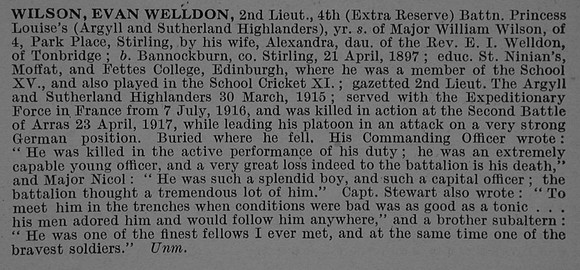 Wilson E W 2nd Lt 4th Argyll & Sutherland Highlanders Obit De Ruvignys Roll Of Honour Vol 4