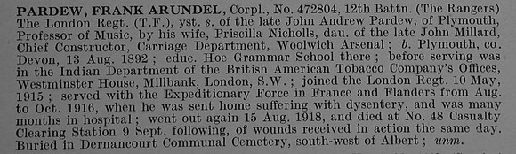 Pardew F A Cpl 472804 12th London Regiment Obit De Ruvignys Roll Of Honour Vol 4