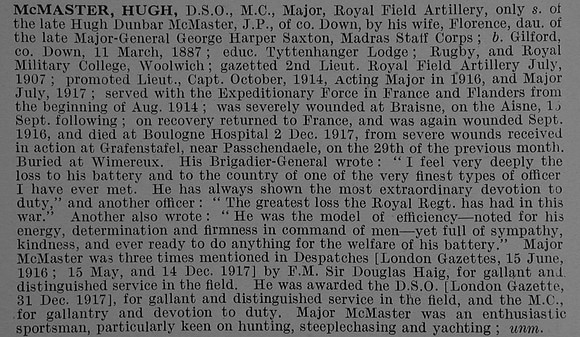 McMaster H Major DSO MC Royal Field Artillery Obit De Ruvignys Roll Of Honour Vol 4