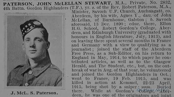 Paterson J M S Pte 2832 4th Gordon Highlanders Obit Part 1 De Ruvignys Roll Of Honour Vol 1