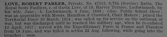 Love R P Pte 47513 7th Royal Scots Fusiliers Obit De Ruvignys Roll Of Honour Vol 4