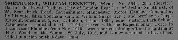 Smethurst W K Pte 5646 20th Royal Fusiliers Obit De Ruvignys Roll Of Honour Vol 4