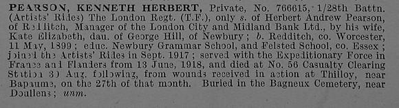 Pearson K H Pte 766615 28th London Regiment Obit De Ruvignys Roll Of Honour Vol 4
