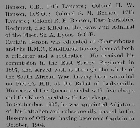 Benson J P Captain 1st East Surrey Regiment Obit Part 2 The Bond Of Sacrifice Vol 1