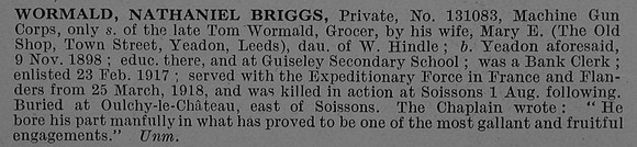 Wormald N B Pte 131083 Machine Gun Corps Obit De Ruvignys Roll Of Honour Vol 4