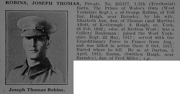 Robins J T Pte 205377 5th West Yorkshire Regiment Obit De Ruvignys Roll Of Honour Vol 3