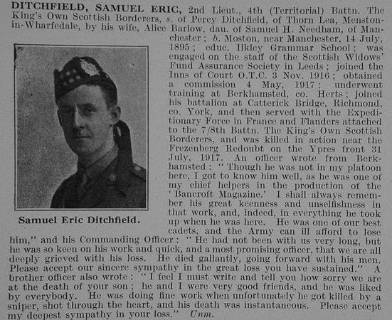 Ditchfield S E 2nd Lt 4th King's Own Scottish Borderers Obit De Ruvignys Roll Of Honour Vol 3