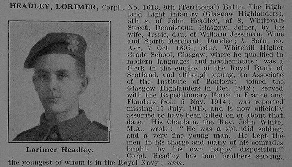 Headley L Cpl 1613 9th Highland Light Infantry Obit De Ruvignys Roll Of Honour Vol 5
