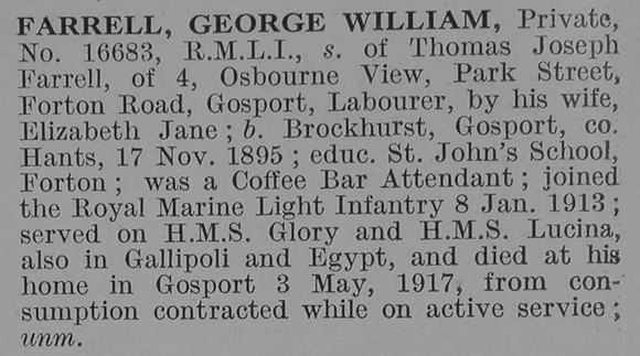 Farrell G W Pte Royal Marine Light Infantry Obit De Ruvignys Roll Of Honour Vol 3