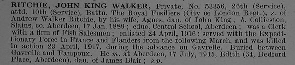 Ritchie J K W Pte 53356 26th Royal Fusiliers Obit De Ruvignys Roll Of Honour Vol 4