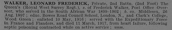 Walker L F Pte 21400 2nd The Queen's (Royal West Surrey Regiment) Obit De Ruvignys Roll Of Honour Vol 4