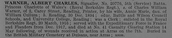 Warner A C Sig 20776 5th Royal Berkshire Regiment Obit De Ruvignys Roll Of Honour Vol 4