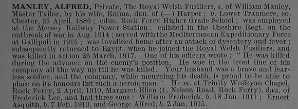 Manley A Pte 242760 5th Royal Welsh Fusiliers Obit De Ruvignys Roll Of Honour Vol 4