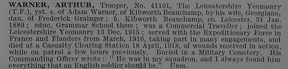 Warner A Tpr 41191 Leicestershire Yeomanry Obit De Ruvignys Roll Of Honour Vol 4