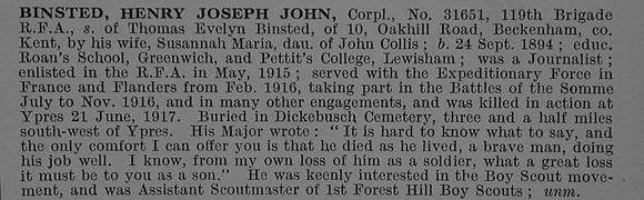 Binsted H J J Cpl 31651 Royal Field Artillery Obit De Ruvignys Roll Of Honour Vol 4