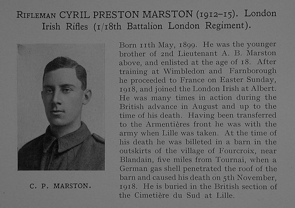 Marston C P Rfn 45671 18th London Regiment (London Irish Rifles) Obit Dulwich College Roll Of Honour