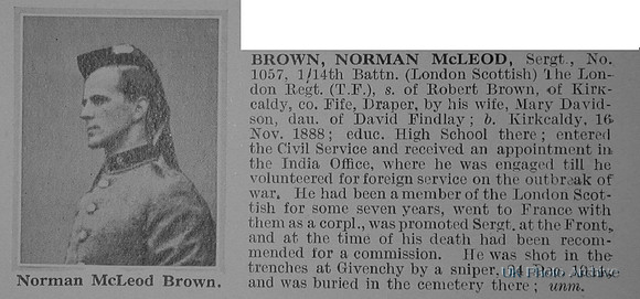 Brown N M Sergt 1057 14th London Regiment Obituary De Ruvignys Roll Of Honour Vol 1