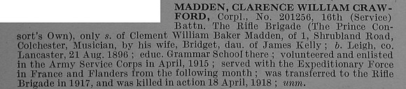 Madden C W C Cpl 201256 16th Rifle Brigade Obit De Ruvignys Roll Of Honour Vol 4