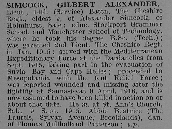 Simcock G A Lt 14th Cheshire Regiment Obit De Ruvignys Roll Of Honour Vol 4