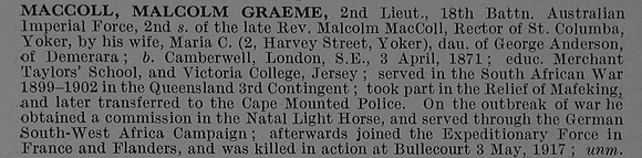 MacColl M G 2nd Lt 18th Australian Infantry Obit De Ruvignys Roll Of Honour Vol 4