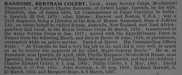 Ransome B C Lt Army Service Corps Obit De Ruvignys Roll Of Honour Vol 4