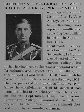 Allfrey F de V B Lt 9th Lancers Obit The Bond Of Sacrifice Vol 1