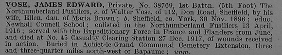 Vose J E Pte 38769 1st Northumberland Fusiliers Obit De Ruvignys Roll Of Honour Vol 4