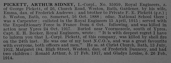 Pickett A S L/Cpl 35959 Royal Engineers Obit De Ruvignys Roll Of Honour Vol 4